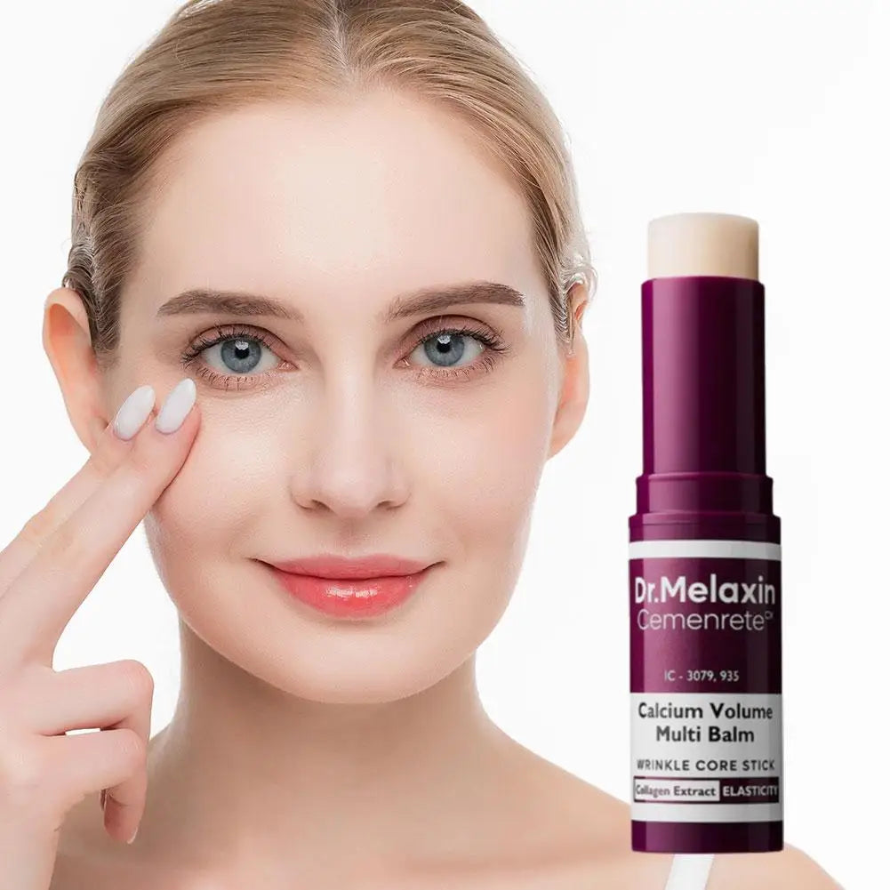 Woman applying Dr Melaxin calcium multi balm wrinkle core stick for collagen extraction and skin elasticity