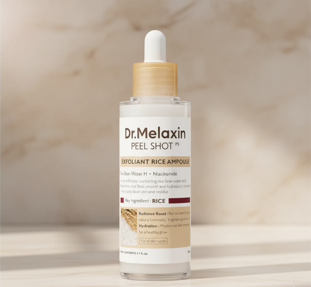 Dr. Melaxin peel shots for skin brightening with exfoliant rice ampoule in clear dropper bottle