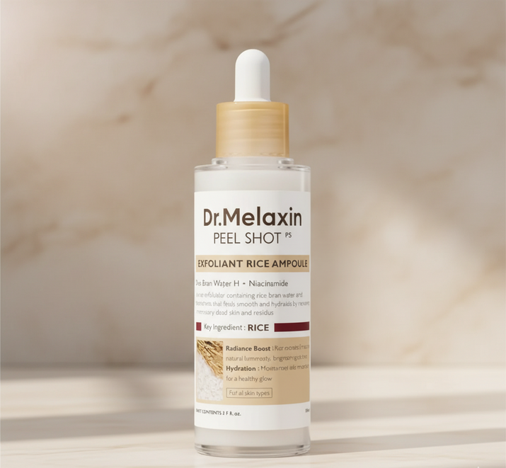 Dr. Melaxin peel shots for skin brightening with exfoliant rice ampoule in clear dropper bottle