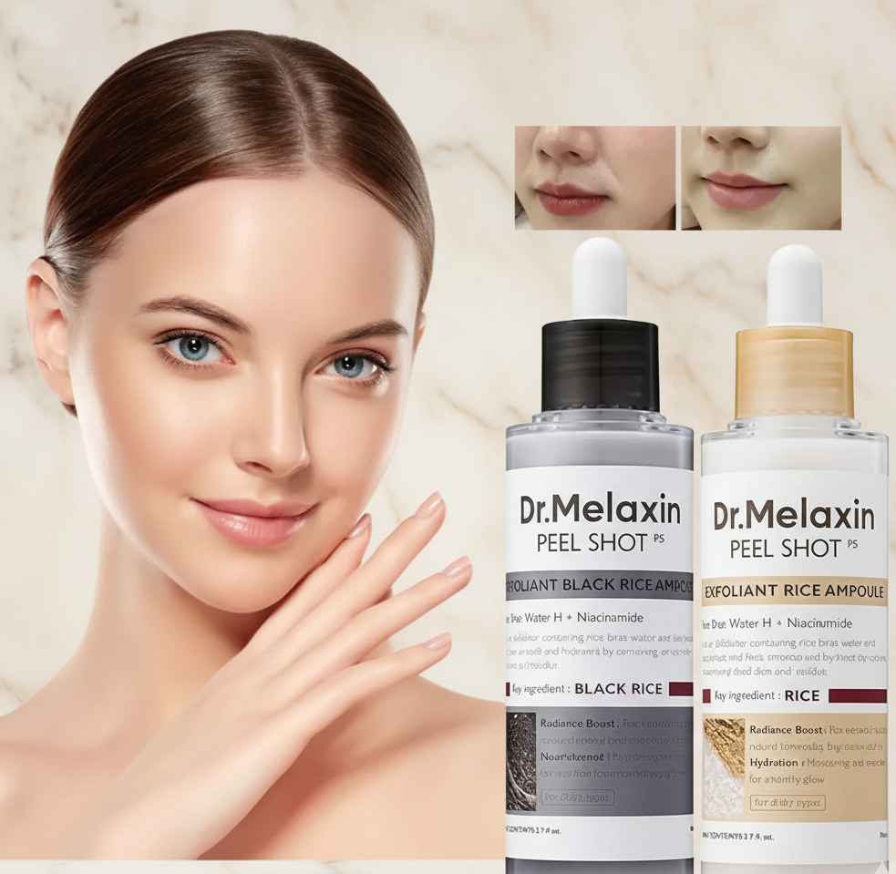 Melaxin peel shots for skin brightening by MY TREASURE showing before and after results and product bottles