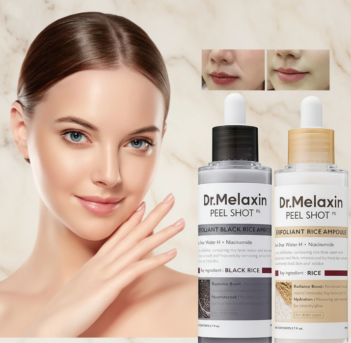 Melaxin peel shots for skin brightening by MY TREASURE showing before and after results and product bottles