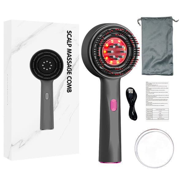 MY TREASURE electric scalp massager for hair growth with comb, USB charger, carrying pouch, and instruction manual