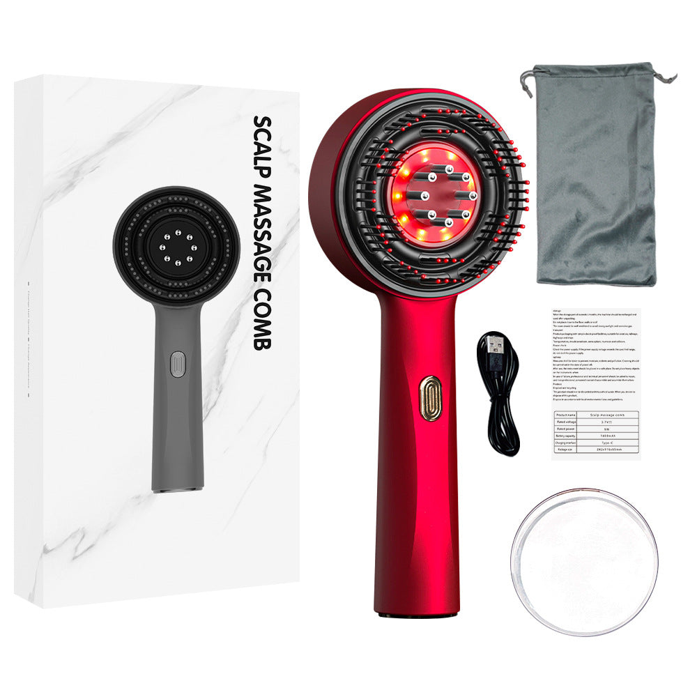 MY TREASURE electric scalp massager for hair growth with red handheld device, USB cable, pouch, and user manual