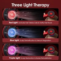 MY TREASURE electric scalp massager for hair growth showing three light therapy modes red blue and purple for hair follicle activation scalp detoxification and restoration