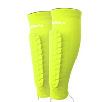 Bright yellow pro sports shin guards for kids with padded protective design by MY TREASURE
