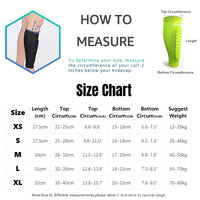 Pro sports shin guards for kids size chart showing calf measurements and suggested weight ranges