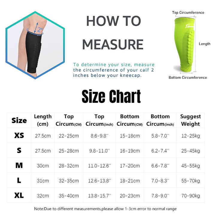 Pro sports shin guards for kids size chart showing calf measurements and suggested weight ranges